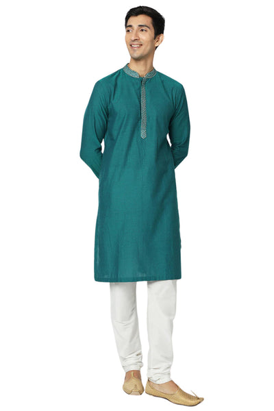 Men's teal embroidered cotton knee-length kurta, alternate front view.