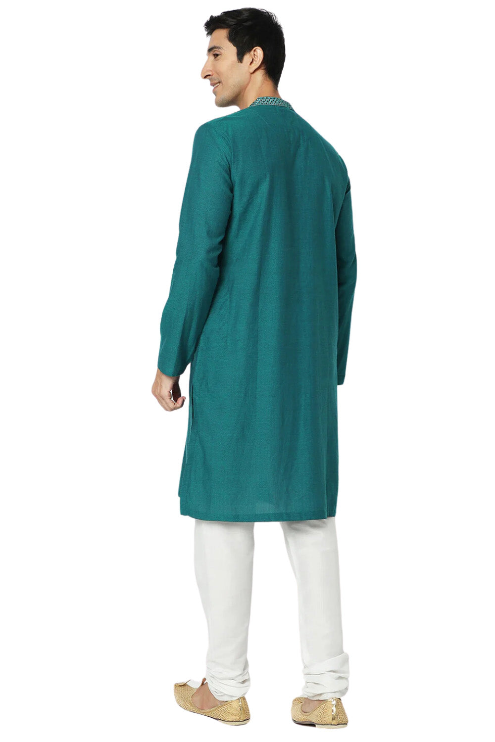Men's teal embroidered cotton knee-length kurta, alternate side view.