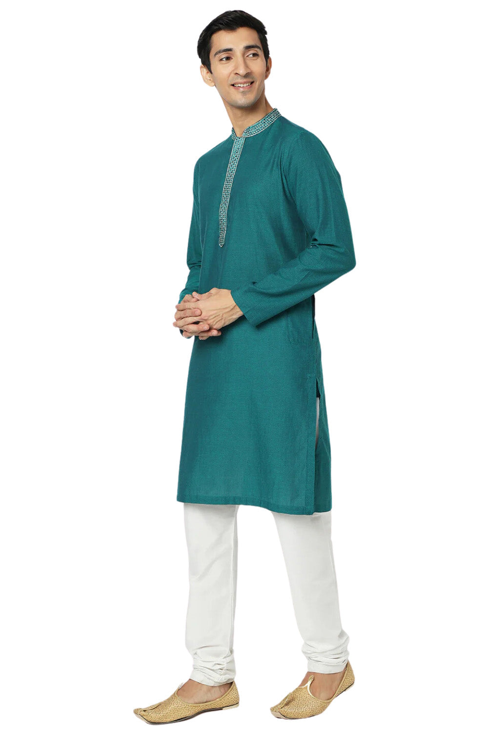 Men's teal embroidered cotton knee-length kurta, back view.