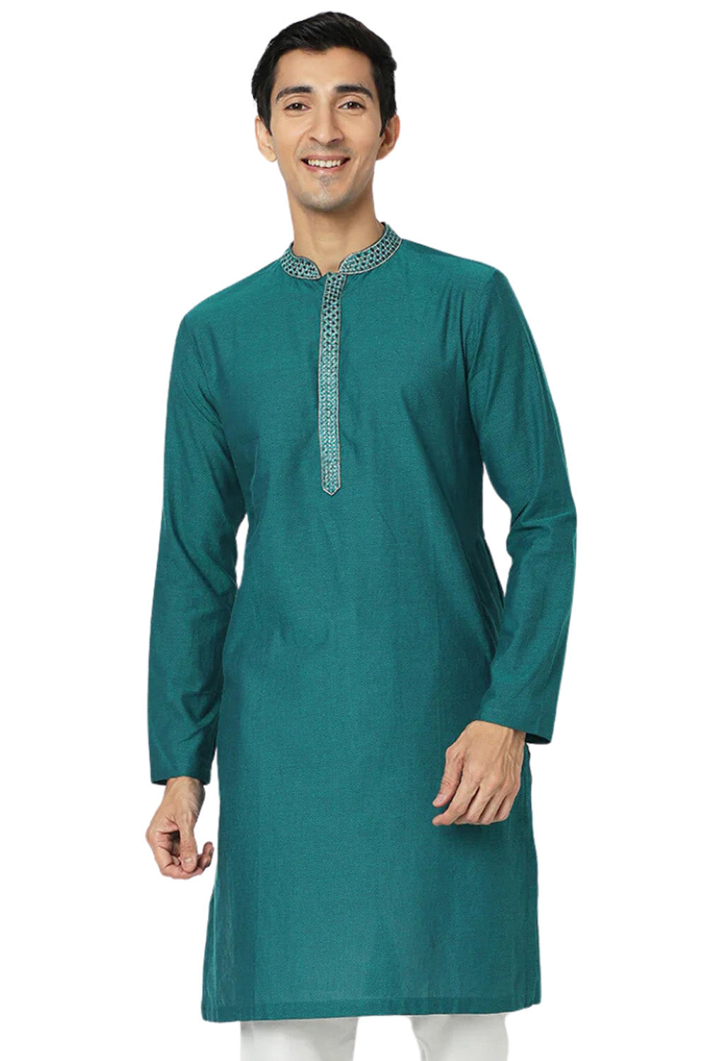 Men's teal embroidered cotton knee-length kurta, front view.