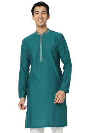 Men's teal embroidered cotton knee-length kurta, front view.