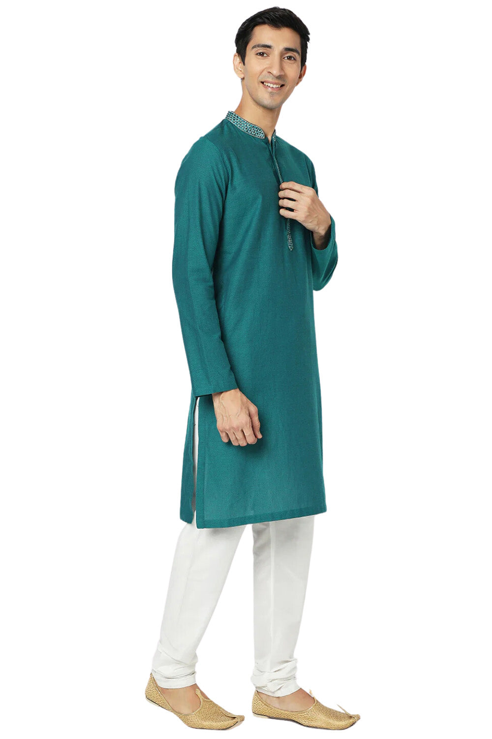 Men's teal embroidered cotton knee-length kurta, side view.
