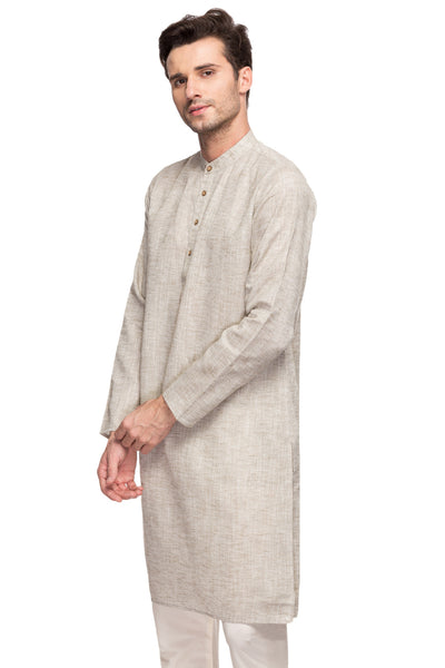 Men's textured cotton band collar knee-length kurta, alternate front view.