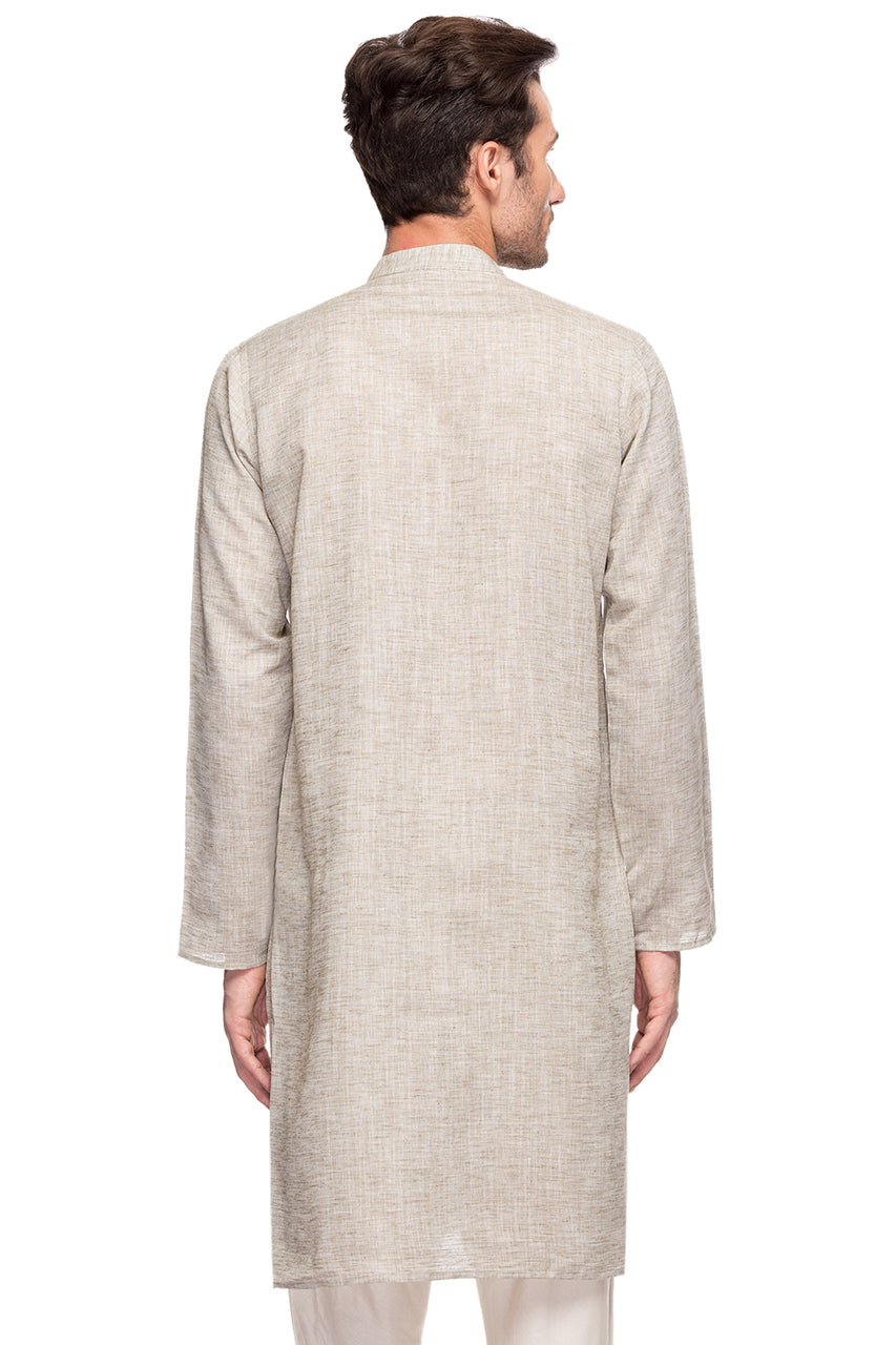 Men's textured cotton band collar knee-length kurta, alternate side view.