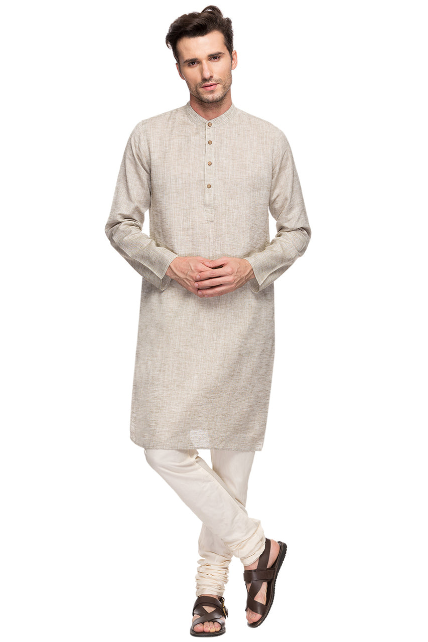 Men's textured cotton band collar knee-length kurta, back view.