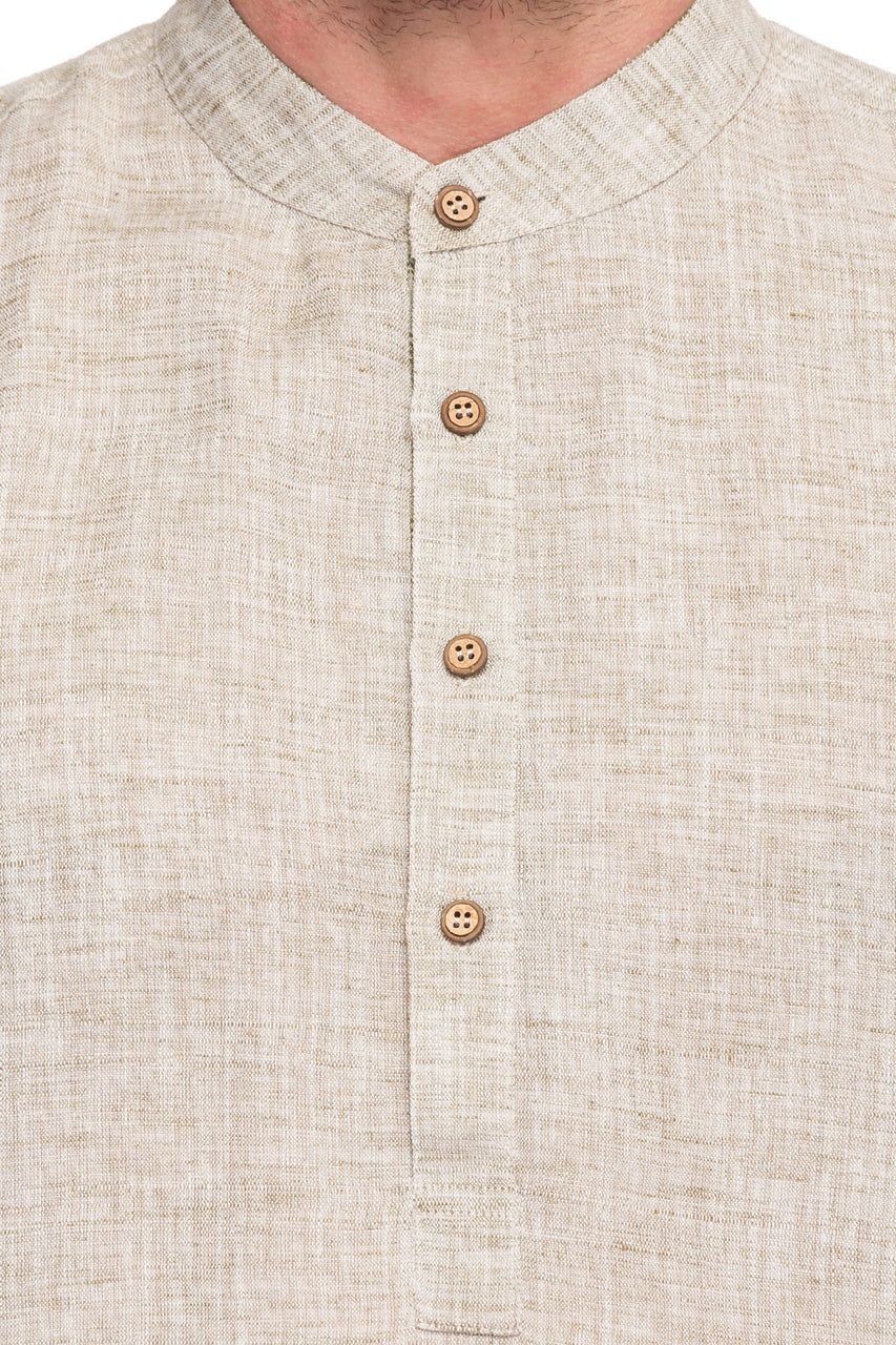 Men's textured cotton band collar knee-length kurta, close-up detail.