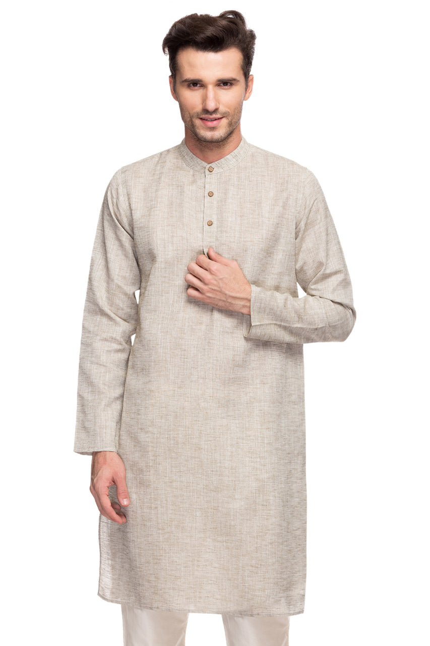 Men's textured cotton band collar knee-length kurta, front view.