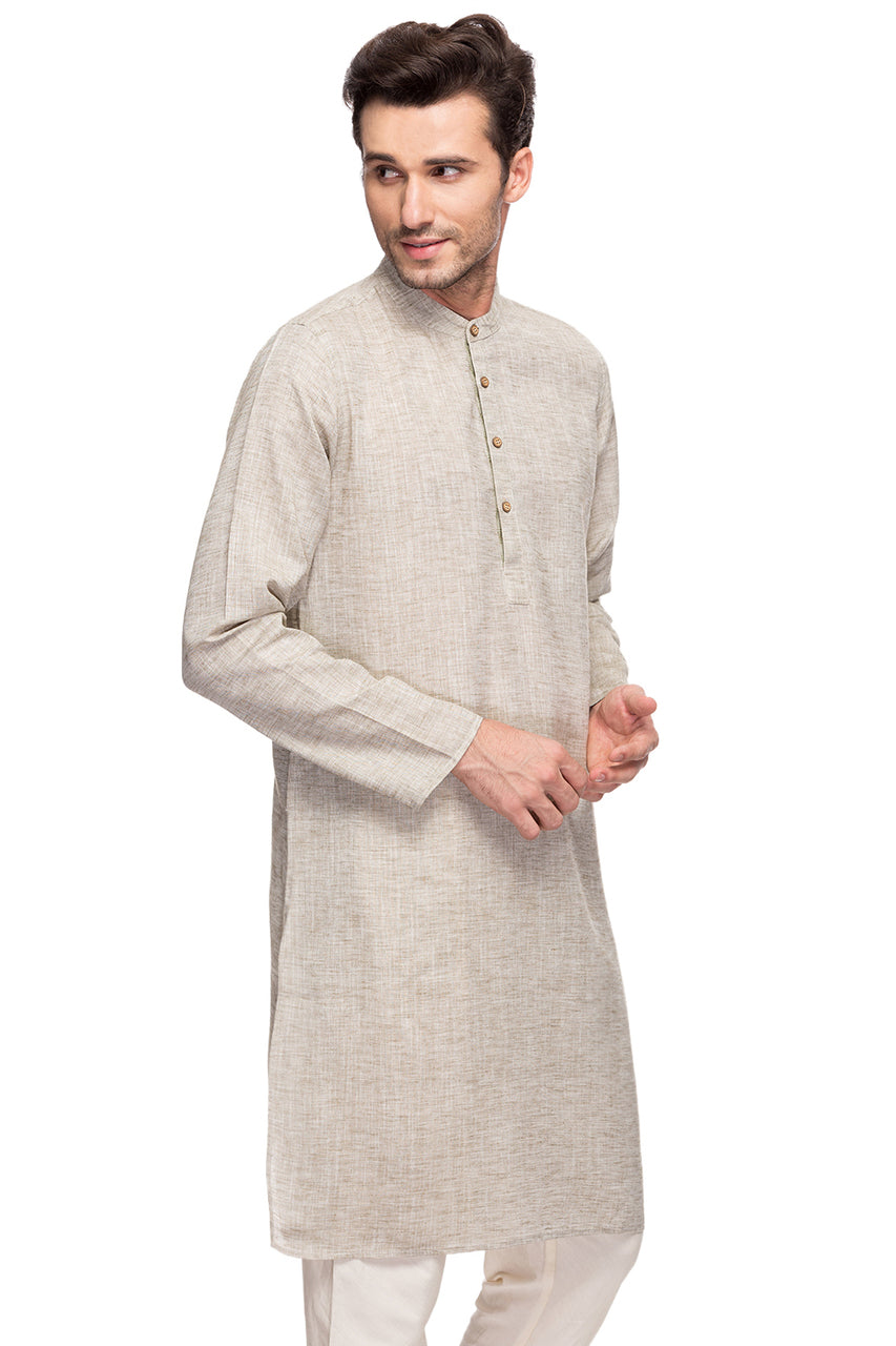 Men's textured cotton band collar knee-length kurta, side view.