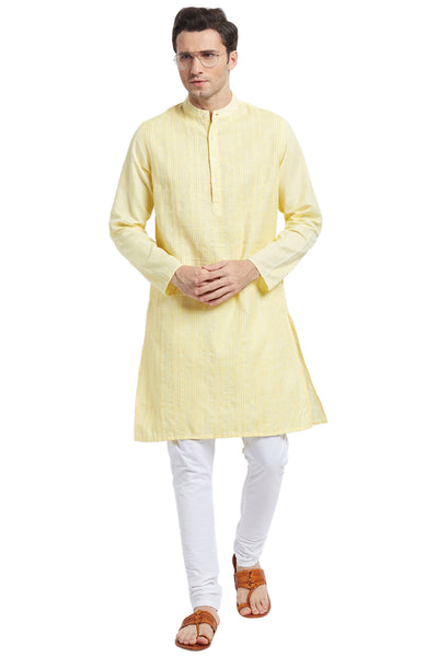 Men's textured cotton blend knee-length kurta, alternate front view.