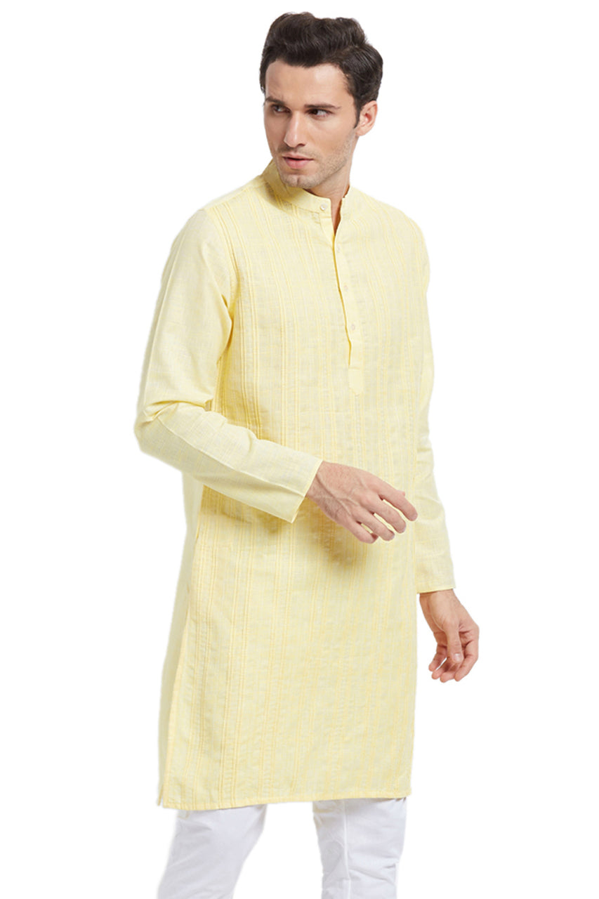 Men's textured cotton blend knee-length kurta, alternate side view.