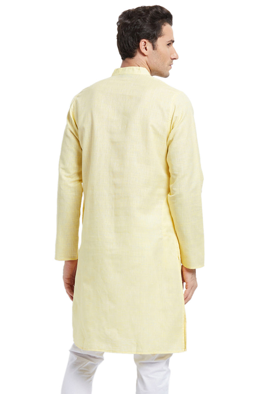 Men's textured cotton blend knee-length kurta, back view.
