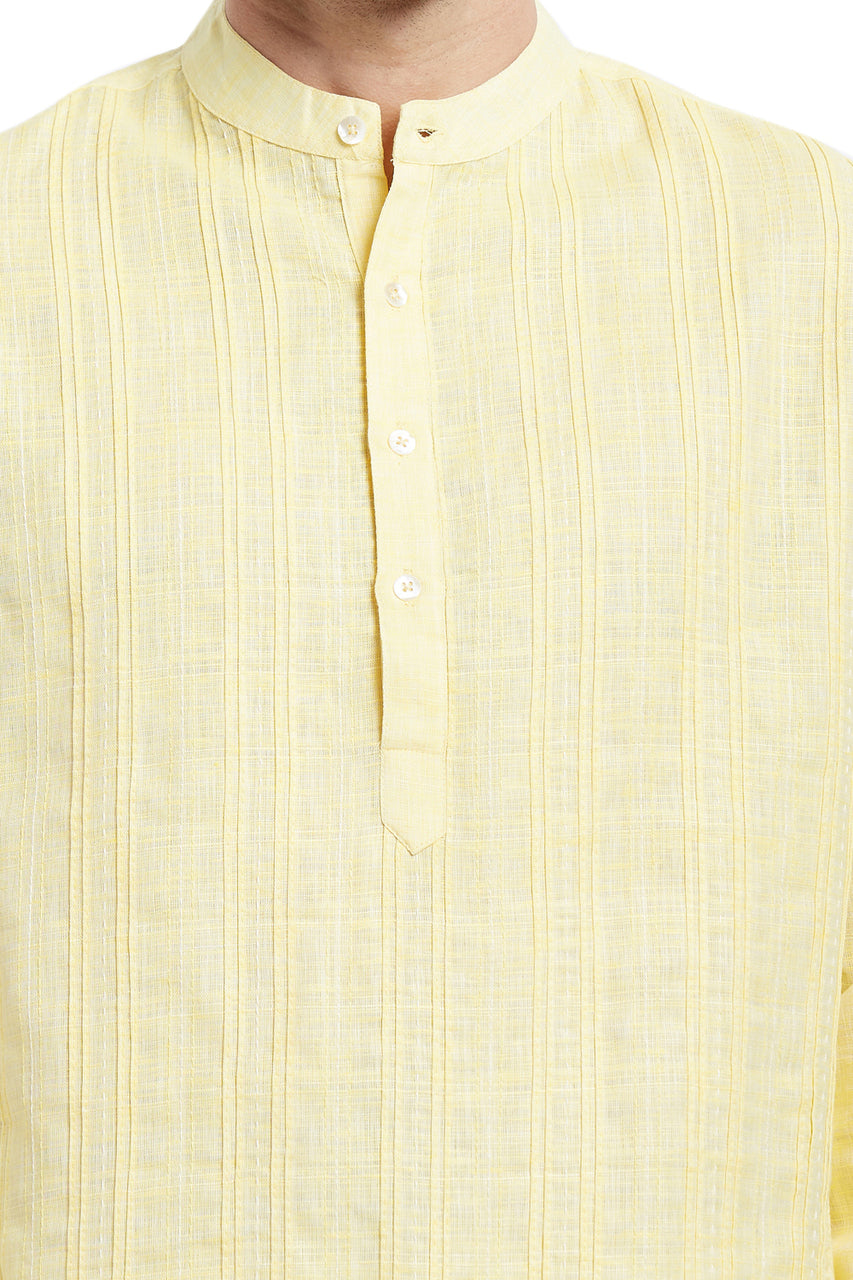 Men's textured cotton blend knee-length kurta, close-up detail.