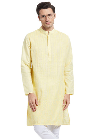 Men's textured cotton blend knee-length kurta, front view.