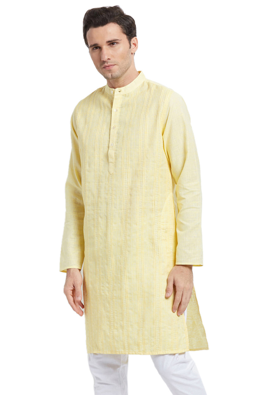 Men's textured cotton blend knee-length kurta, side view.