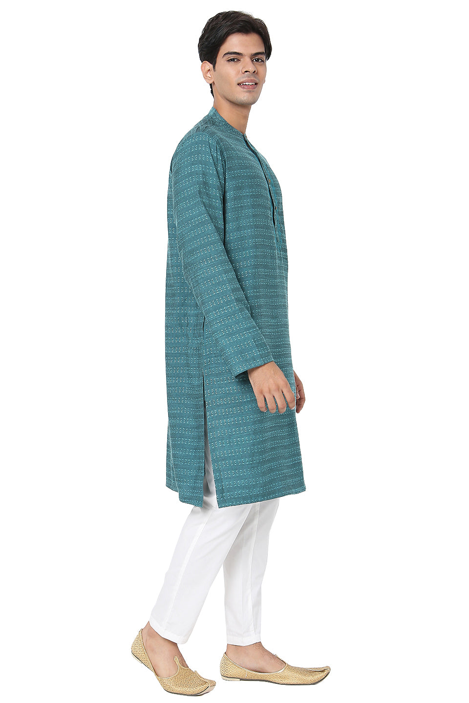 Men's turquoise embroidered cotton knee-length kurta, alternate front view.