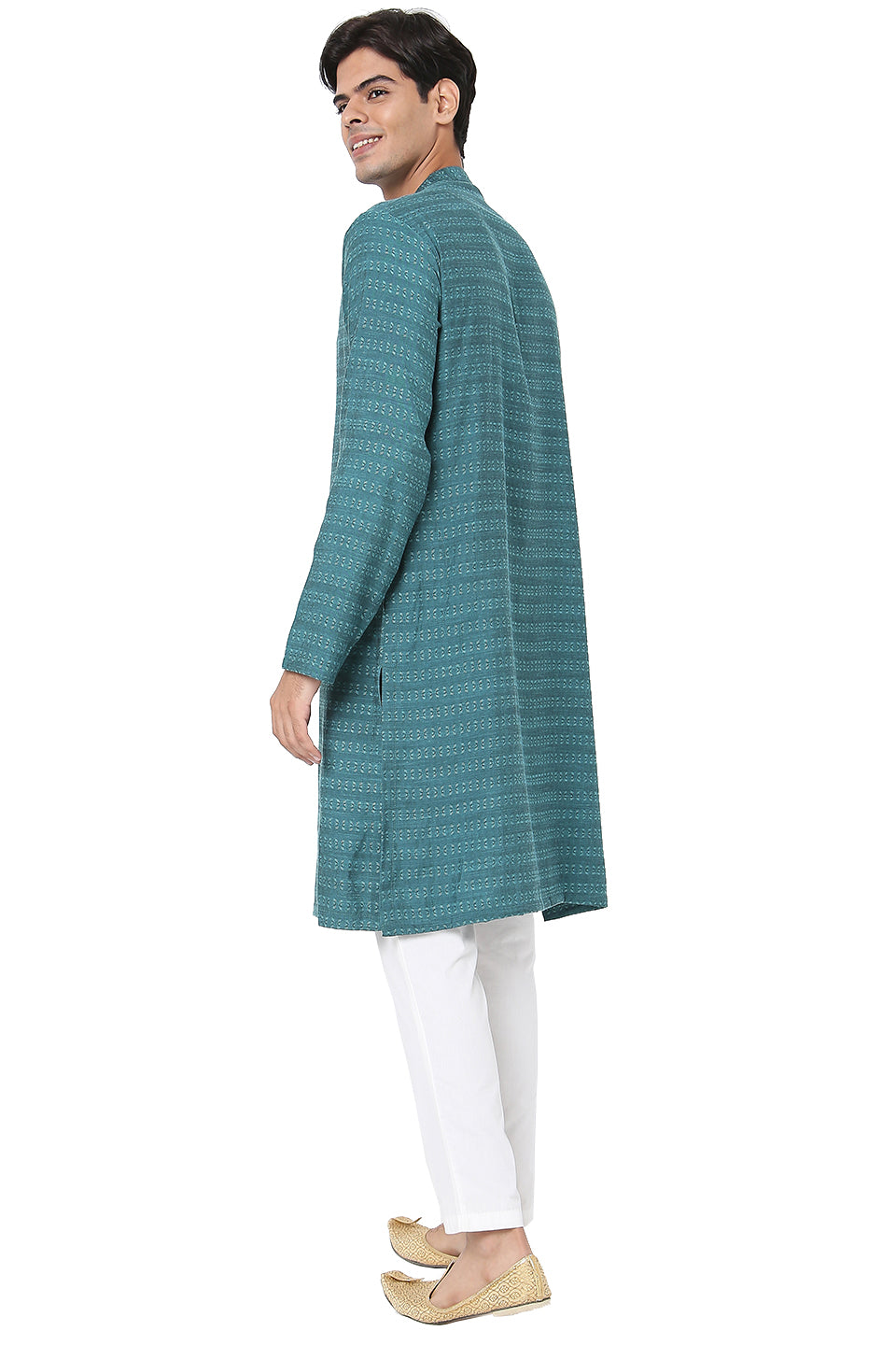 Men's turquoise embroidered cotton knee-length kurta, alternate side view.