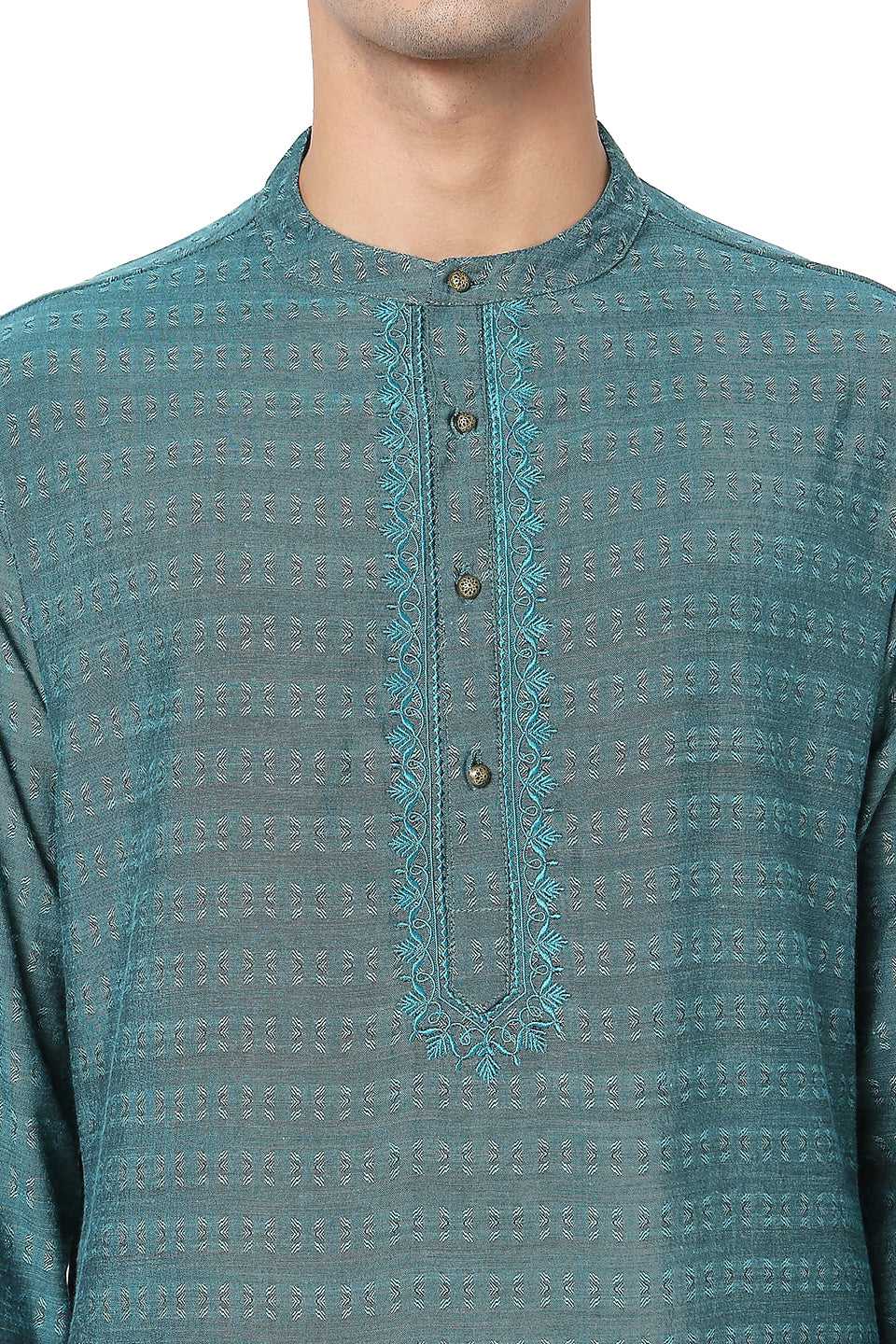 Men's turquoise embroidered cotton knee-length kurta, back view.