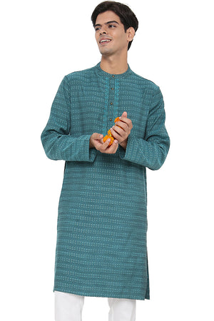 Men's turquoise embroidered cotton knee-length kurta, front view.