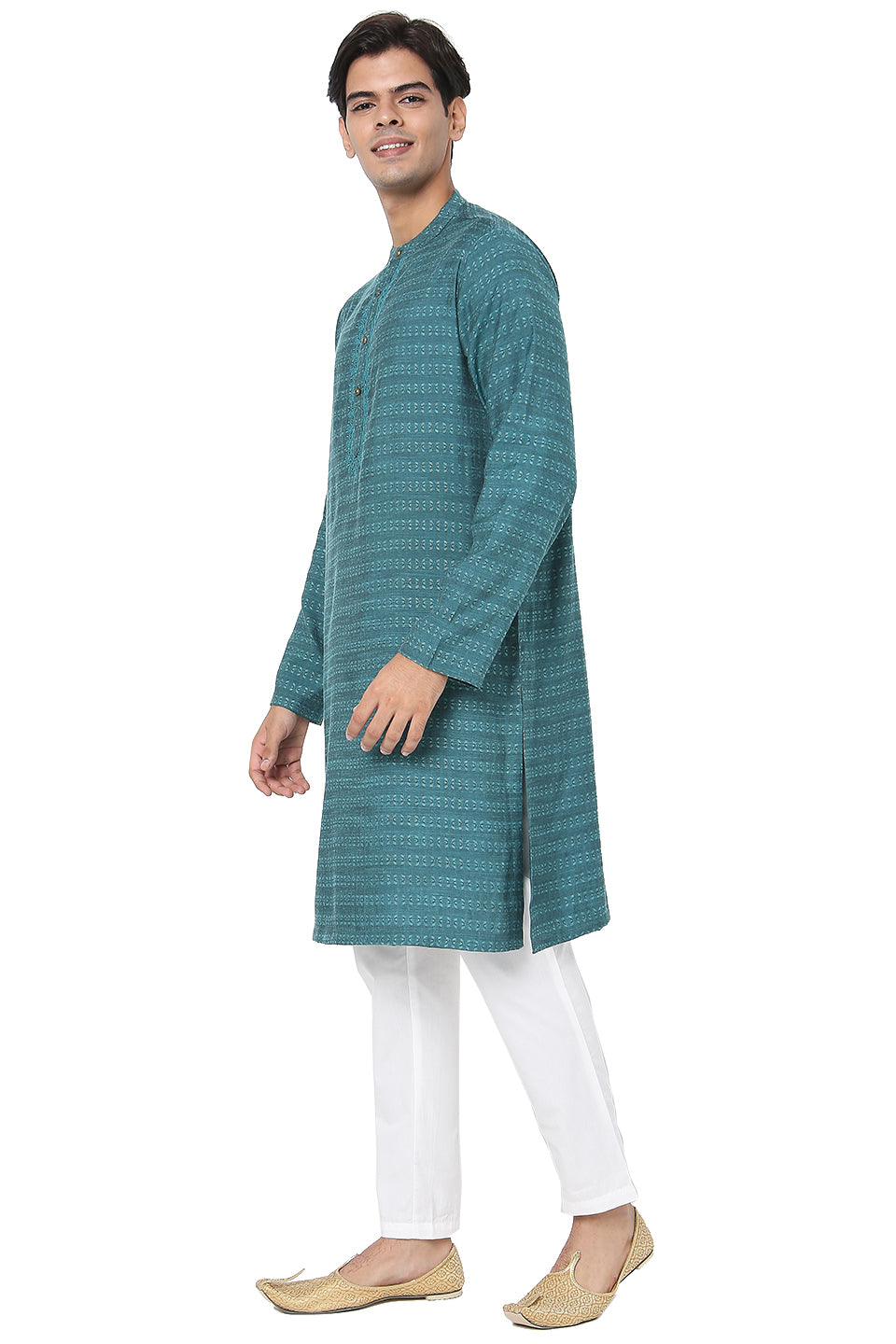 Men's turquoise embroidered cotton knee-length kurta, side view.