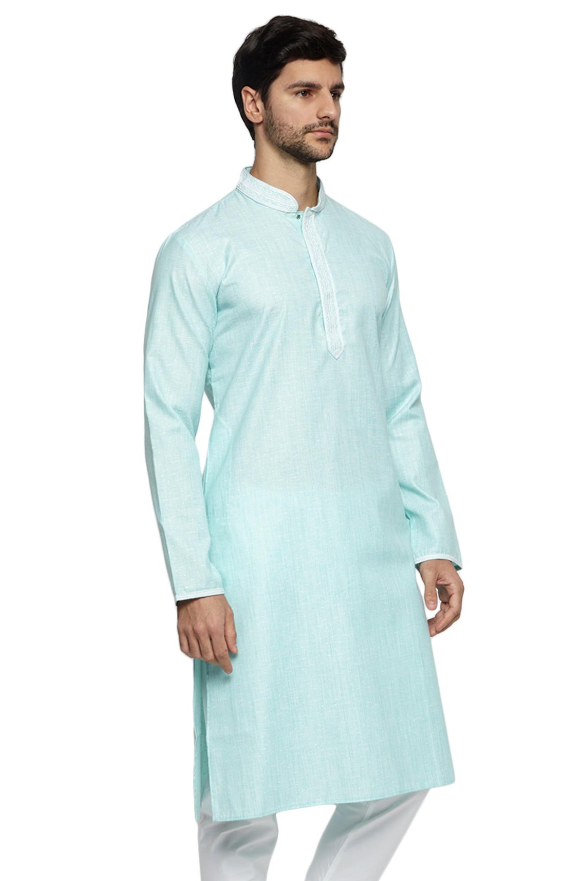 Men's turquoise embroidered knee-length kurta, alternate front view.