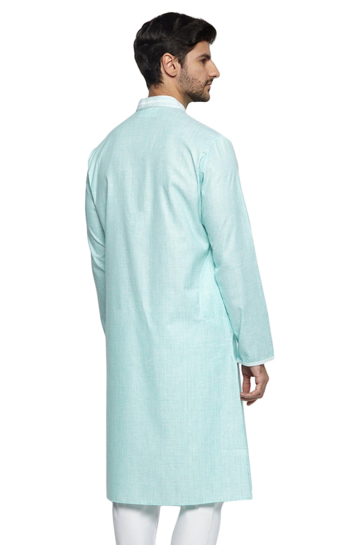 Men's turquoise embroidered knee-length kurta, alternate side view.