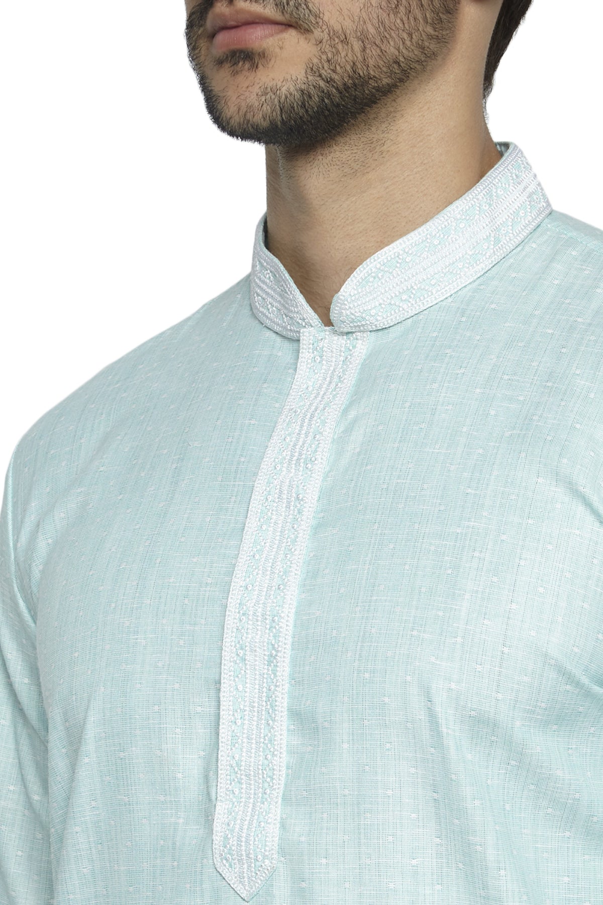 Men's turquoise embroidered knee-length kurta, back view.
