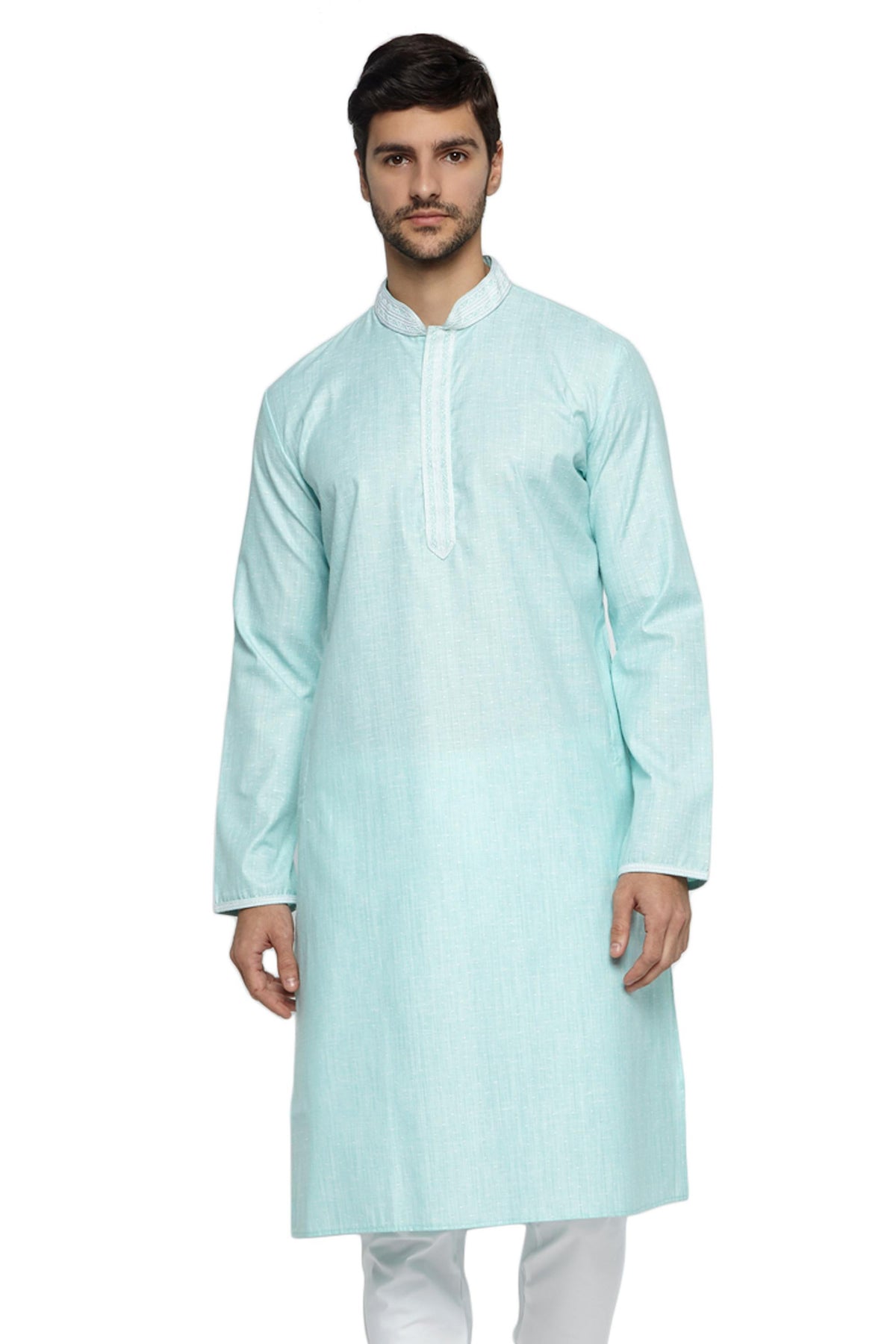 Men's turquoise embroidered knee-length kurta, front view.