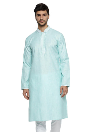 Men's turquoise embroidered knee-length kurta, front view.