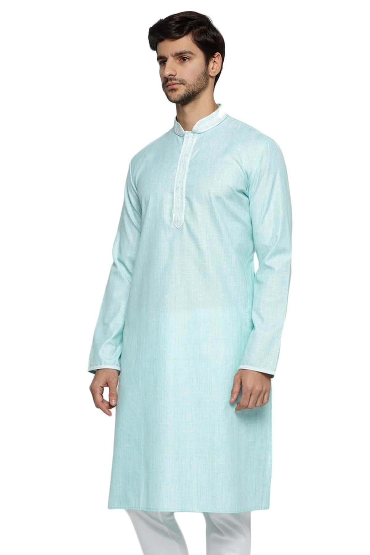 Men's turquoise embroidered knee-length kurta, side view.