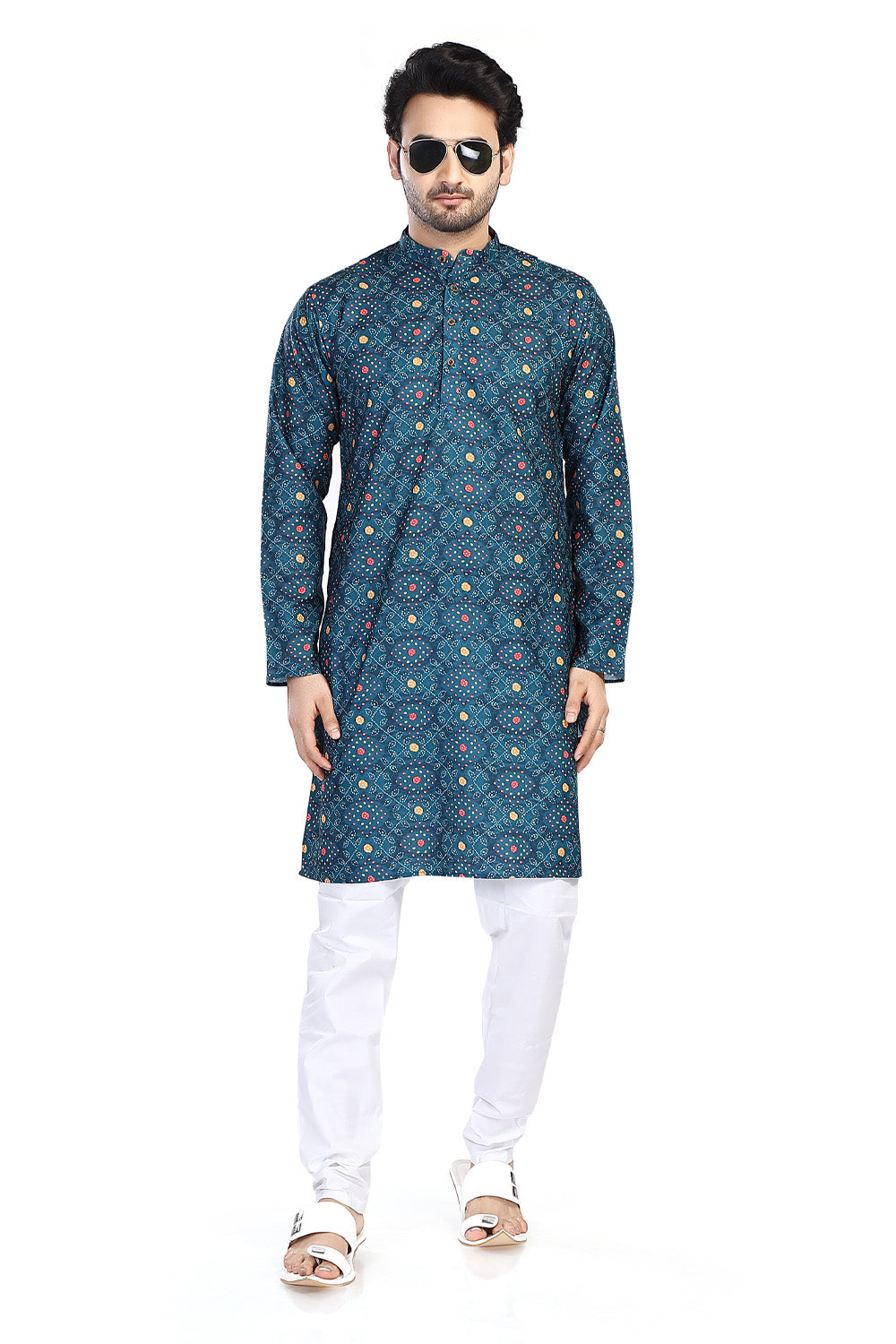Men's vintage blue folk-print cotton knee-length kurta, alternate front view.