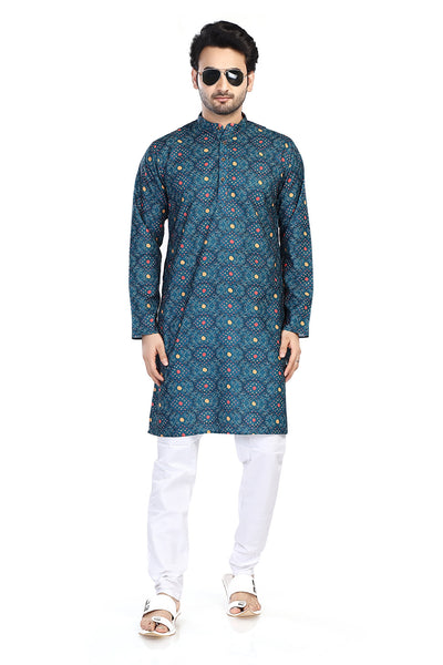 Men's vintage blue folk-print cotton knee-length kurta, alternate front view.