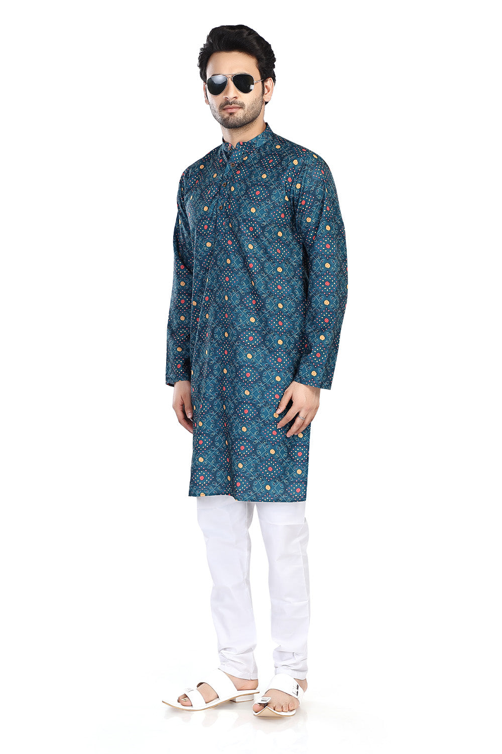Men's vintage blue folk-print cotton knee-length kurta, alternate side view.