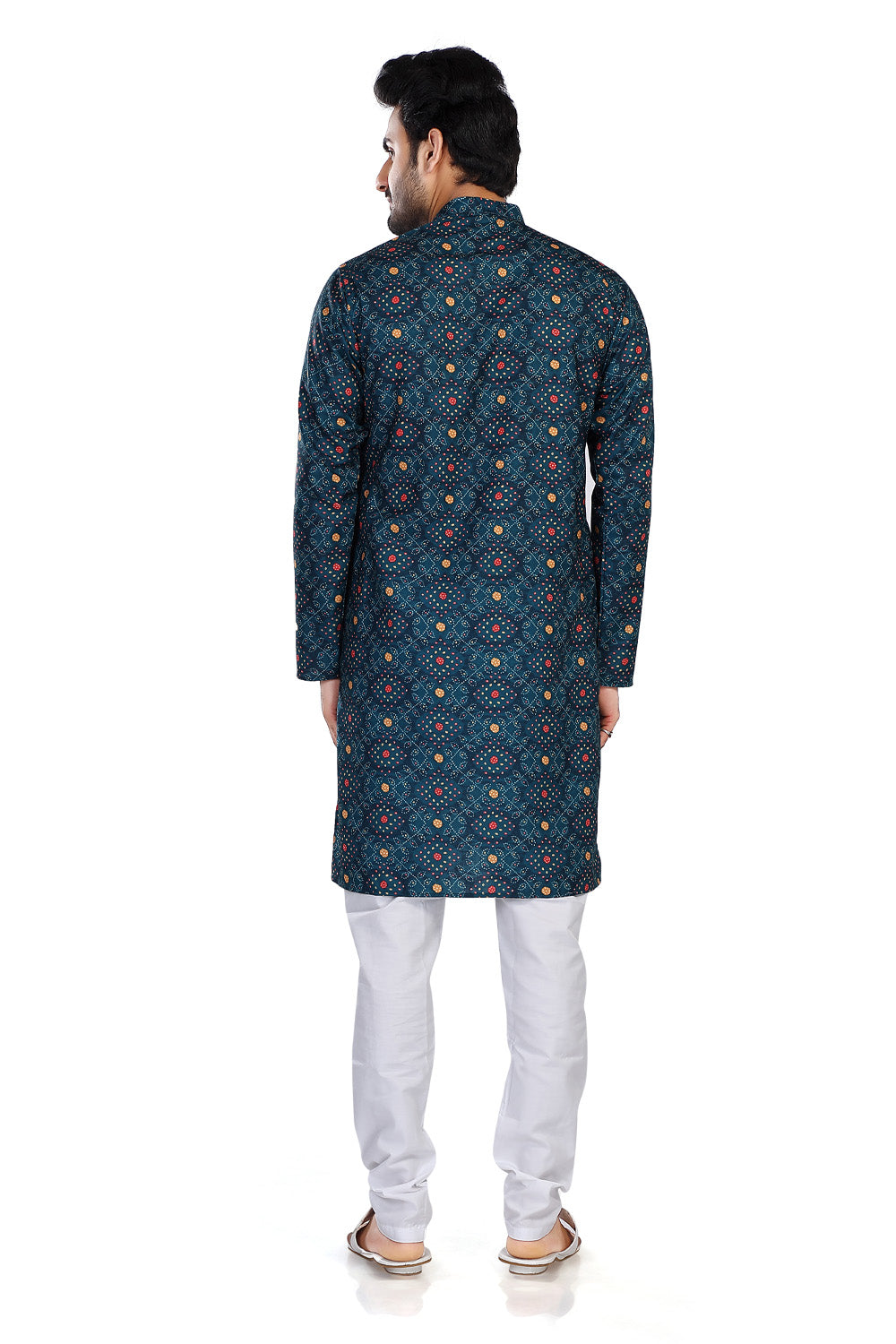 Men's vintage blue folk-print cotton knee-length kurta, back view.