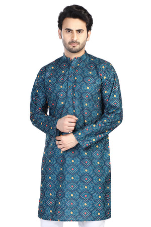 Men's vintage blue folk-print cotton knee-length kurta, front view.