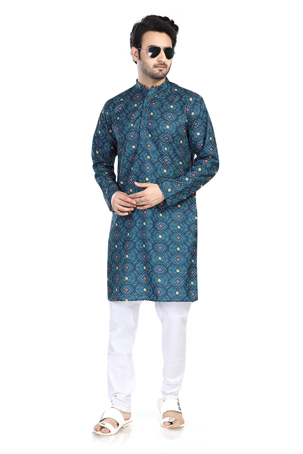 Men's vintage blue folk-print cotton knee-length kurta, side view.