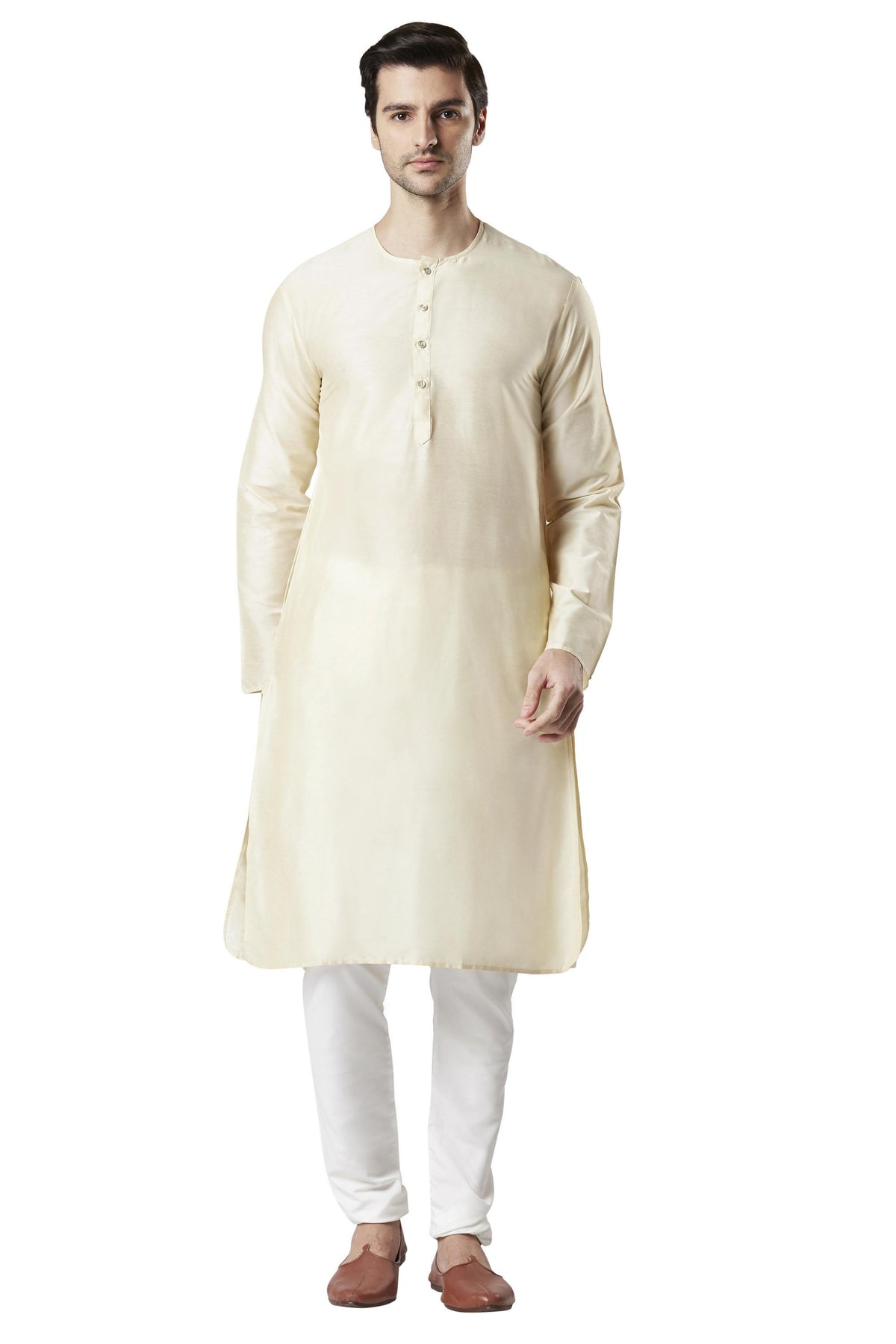 Men's viscose band collar knee-length kurta, alternate side view.