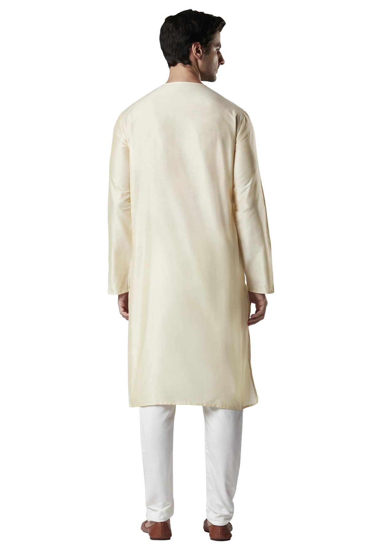 Men's viscose band collar knee-length kurta, back view.