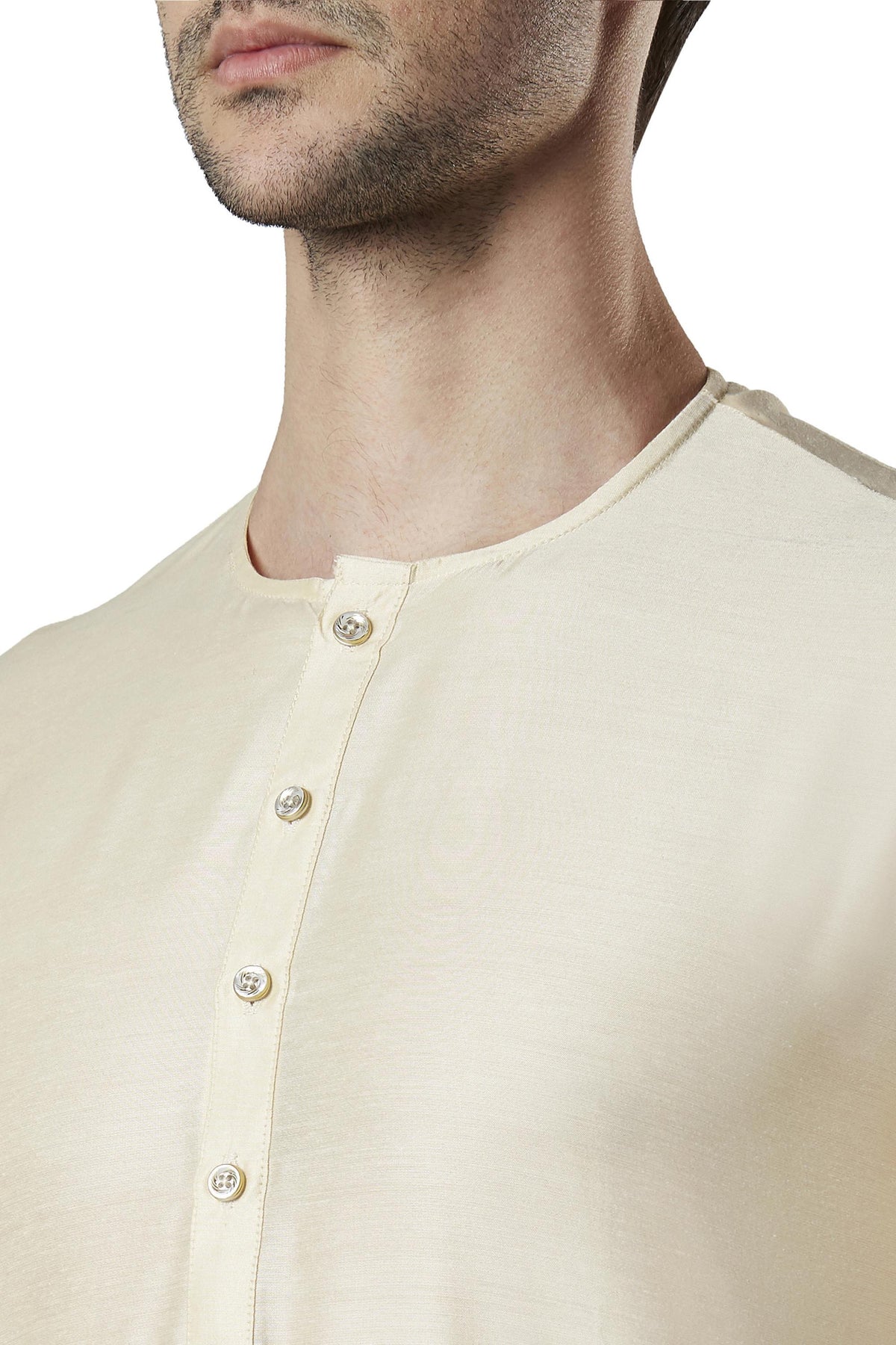 Men's viscose band collar knee-length kurta, close-up detail.
