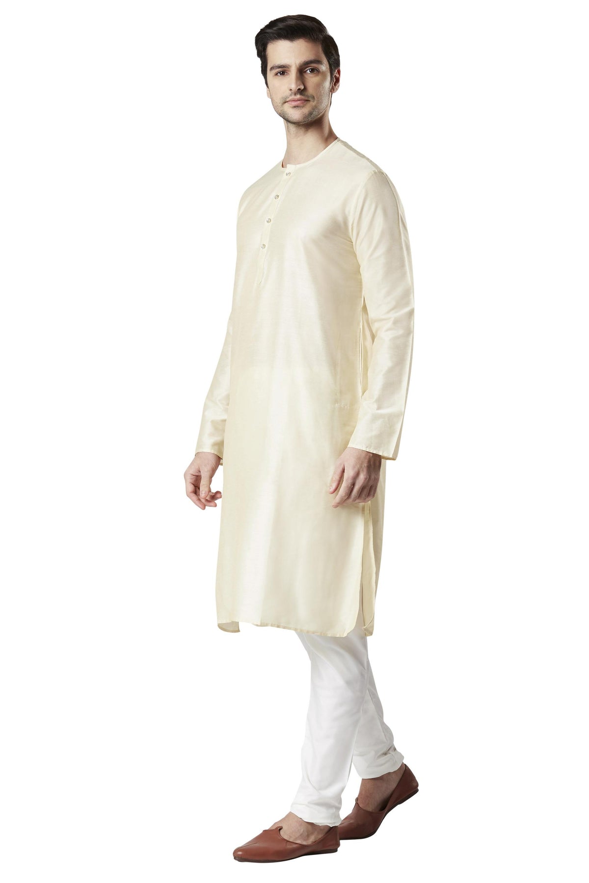 Men's viscose band collar knee-length kurta, side view.