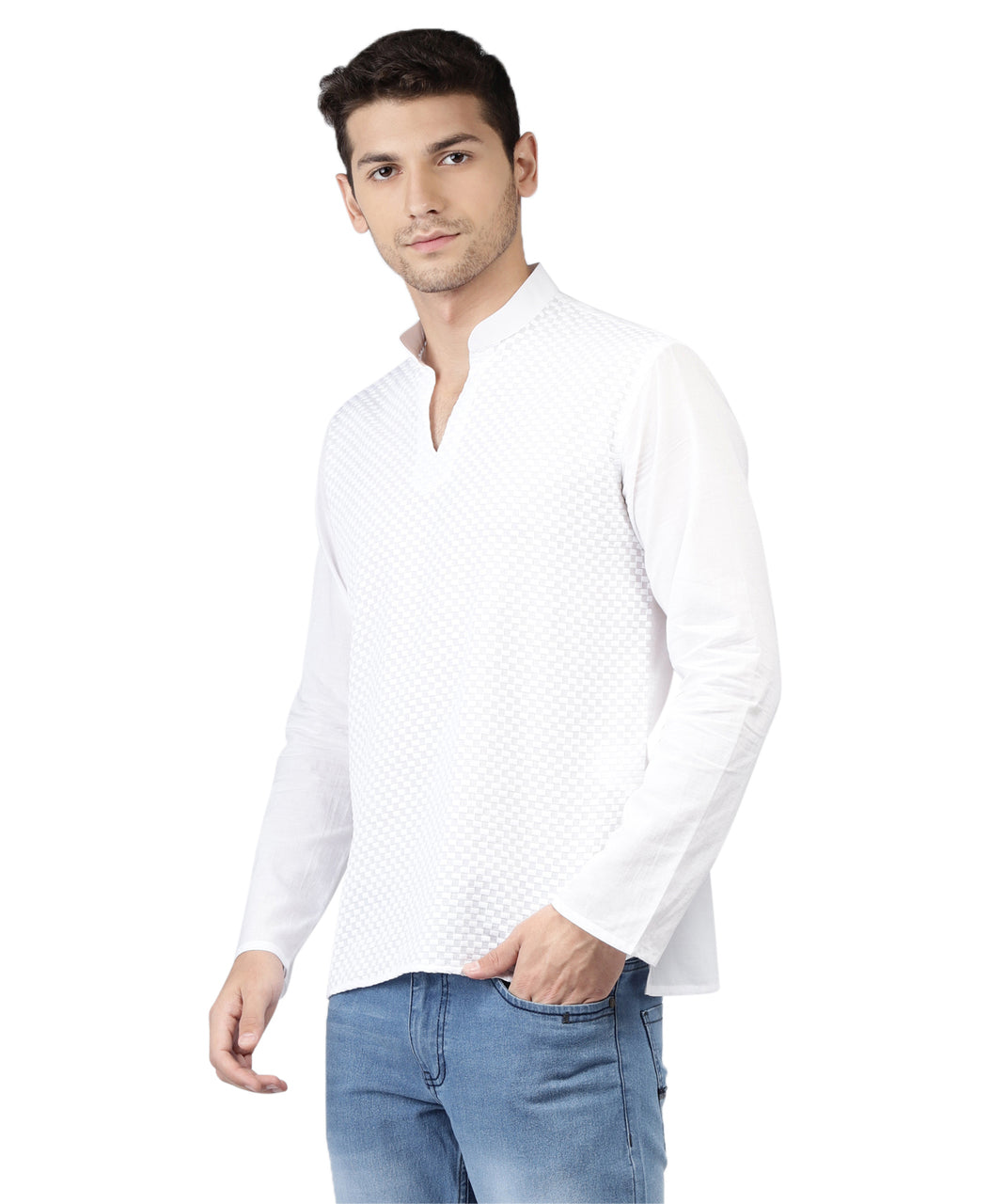 Alternate side view of Shatranj men's white Chikankari embroidered hip-length kurta tunic