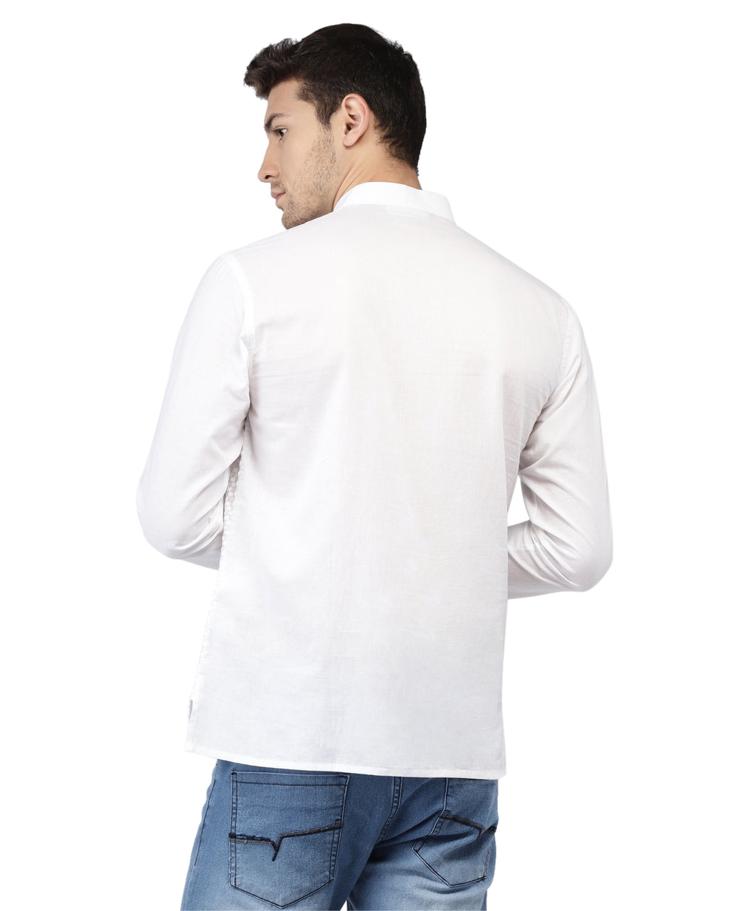 Back view of Shatranj men's white Chikankari embroidered hip-length kurta tunic