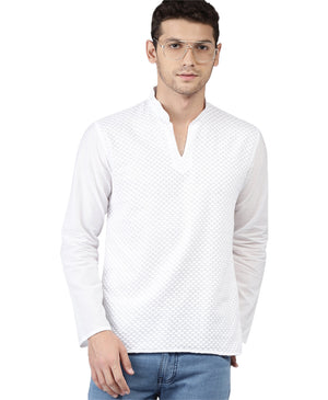Front view of Shatranj men's white Chikankari embroidered hip-length kurta tunic