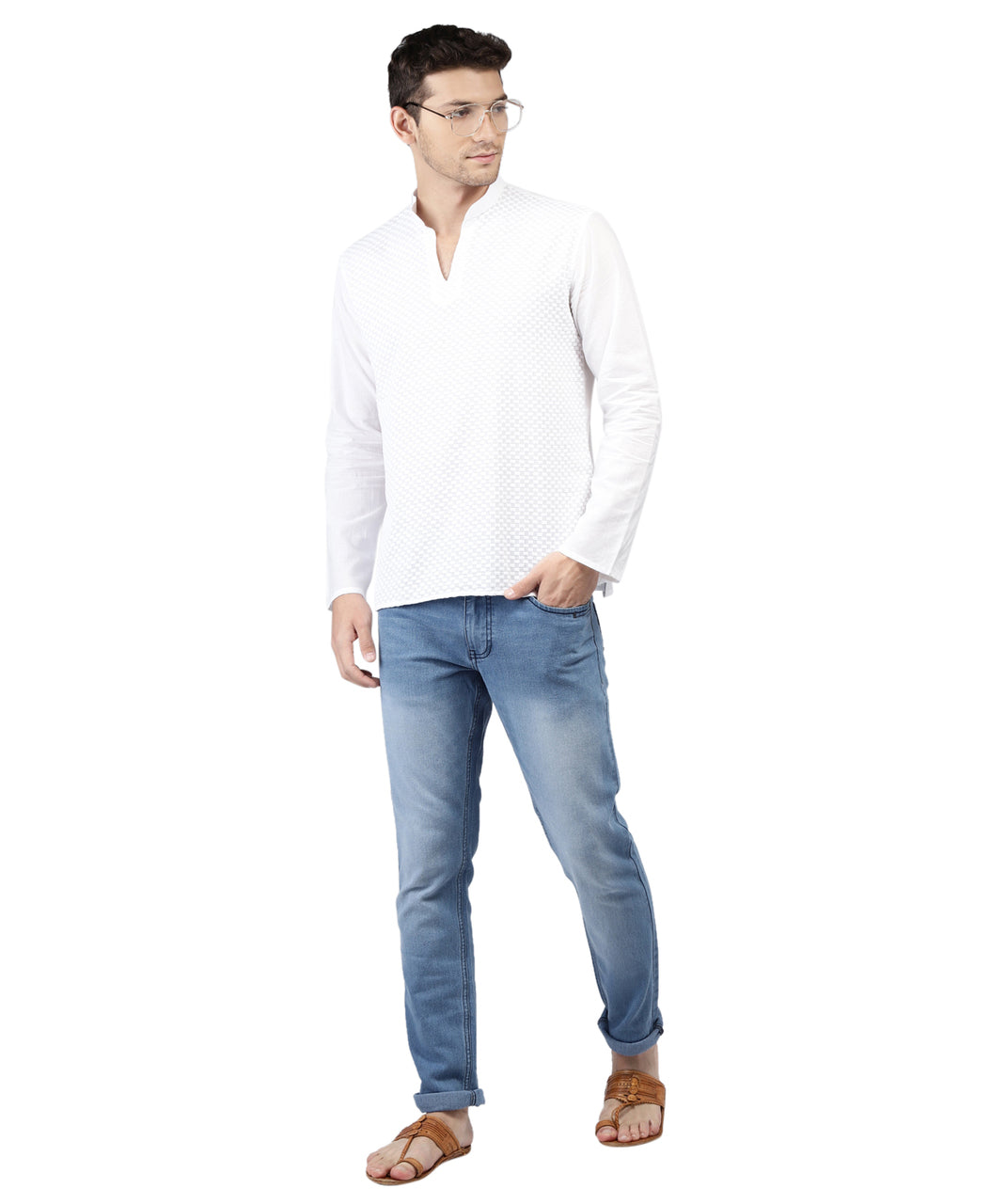 Full front view of Shatranj men's white Chikankari embroidered hip-length kurta tunic