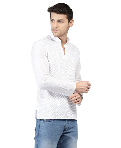 Side view of Shatranj men's white Chikankari embroidered hip-length kurta tunic