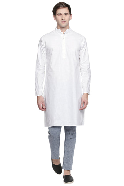 Men's white cotton band collar knee-length kurta, alternate front view.
