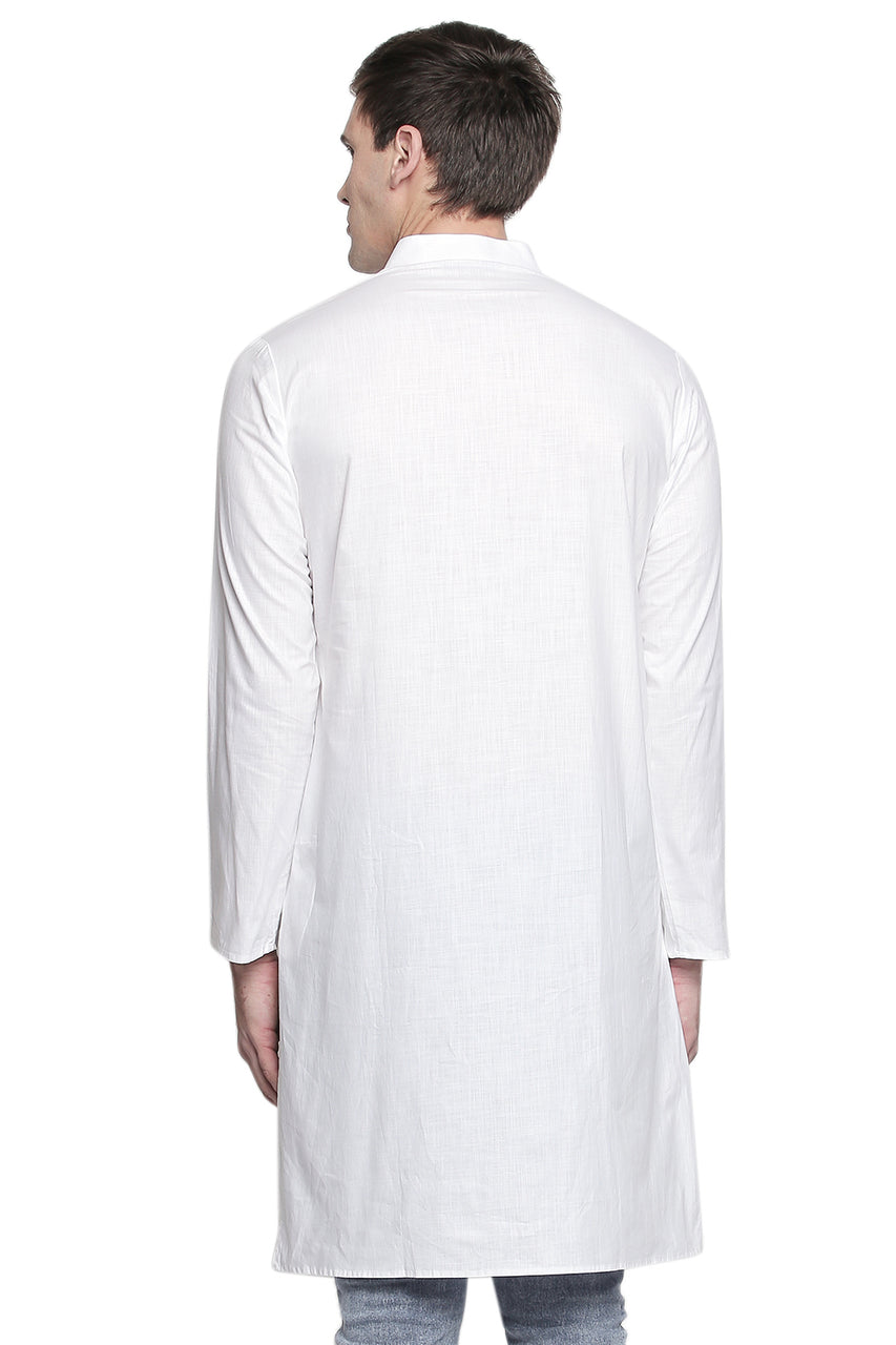 Men's white cotton band collar knee-length kurta, alternate side view.