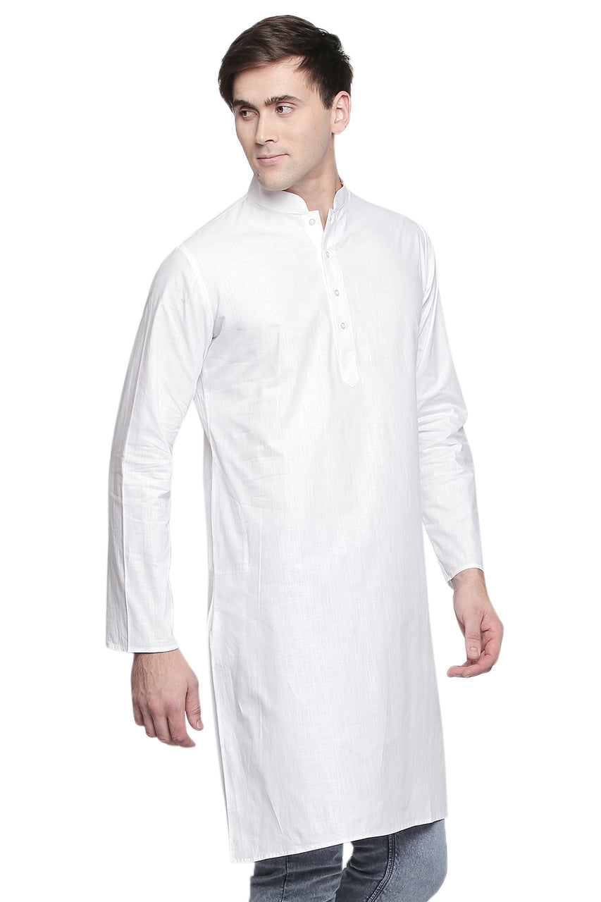 Men's white cotton band collar knee-length kurta, back view.