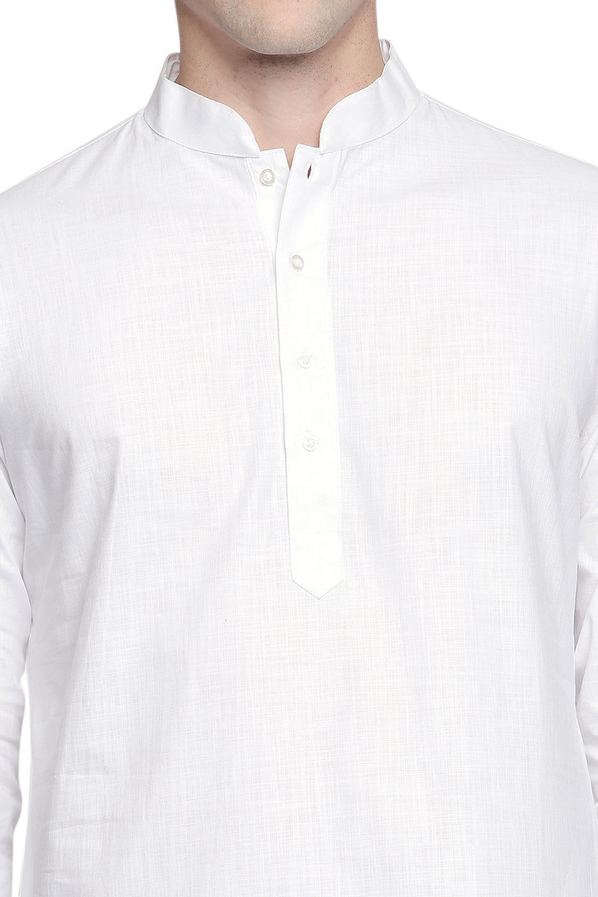 Men's white cotton band collar knee-length kurta, close-up detail.