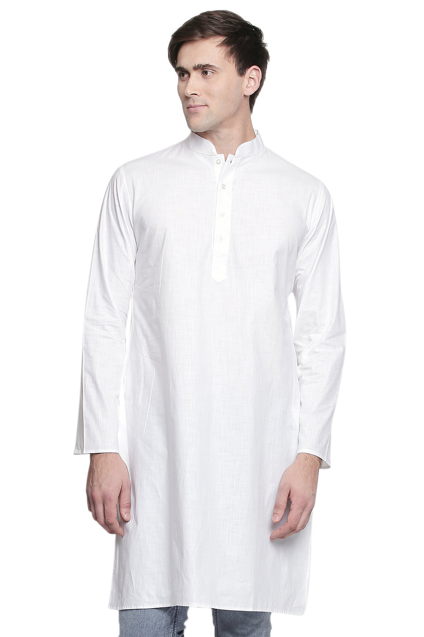 Men's white cotton band collar knee-length kurta, front view.