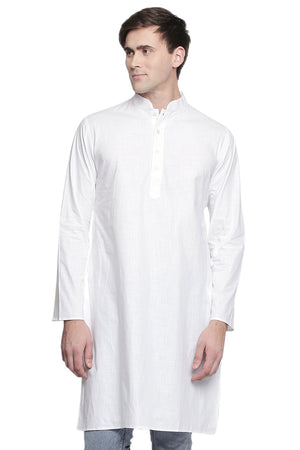 Men's white cotton band collar knee-length kurta, front view.
